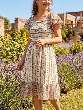 C&A Cream Floral Smocked Midi Dress Sz EUR 48